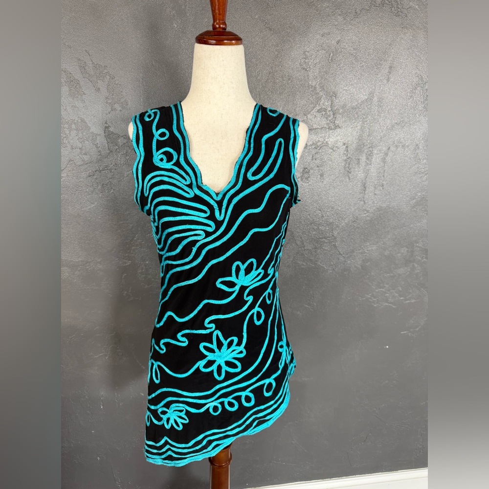 Frank Lyman Design Black Dress with Bright Turquoise Embroidery